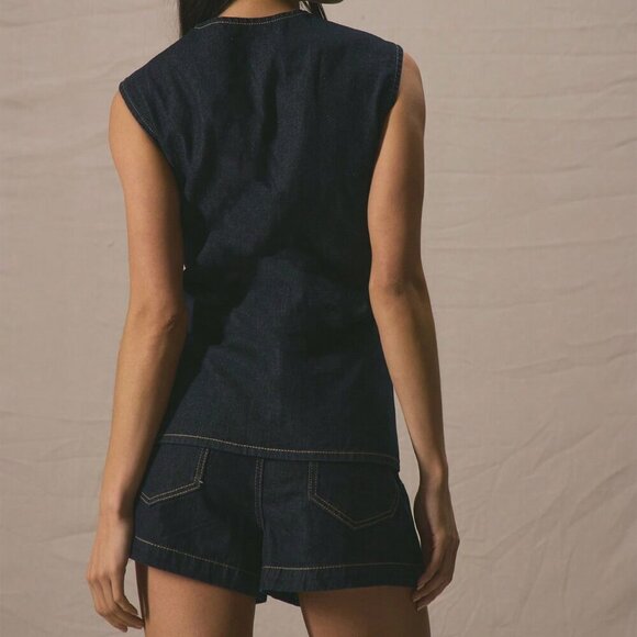 Blue Casual Women's Crew Neck Button Down Longline Fitted Sleeveless Denim Top - Picture 3 of 5